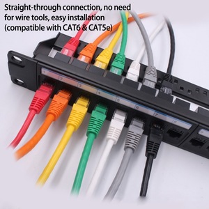 19in 1U Rack 24 Port Straight-through CAT6A Patch Panel RJ45 Network Cable Adapter Keystone Jack Ethernet Distribution Frame