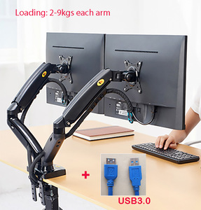 F160 Gas Spring Desktop 17#-27# Dual Monitor Holder Arm With 2 USB3.0 Monitor Mount Bracket Load 2-9 kg each Arm