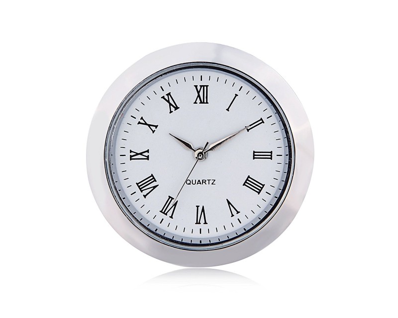 Mini Clock Quartz Movement Insert Round 1 7/16 (35mm) White Face Silver Tone Bezel Roman Numerals Watch Face