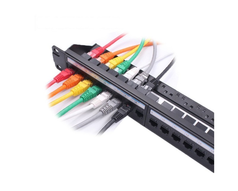 19in 1U Rack 24 Port Straight-through CAT6A Patch Panel RJ45 Network Cable Adapter Keystone Jack Ethernet Distribution Frame