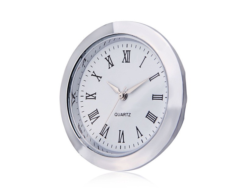 Mini Clock Quartz Movement Insert Round 1 7/16 (35mm) White Face Silver Tone Bezel Roman Numerals Watch Face